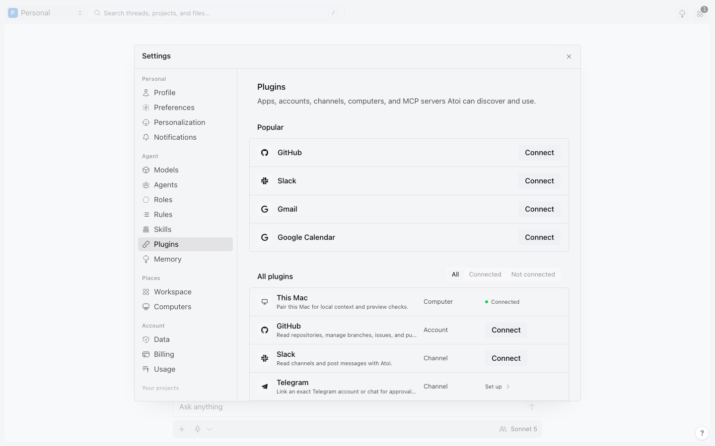 Settings, Plugins, with the apps Atoi can connect