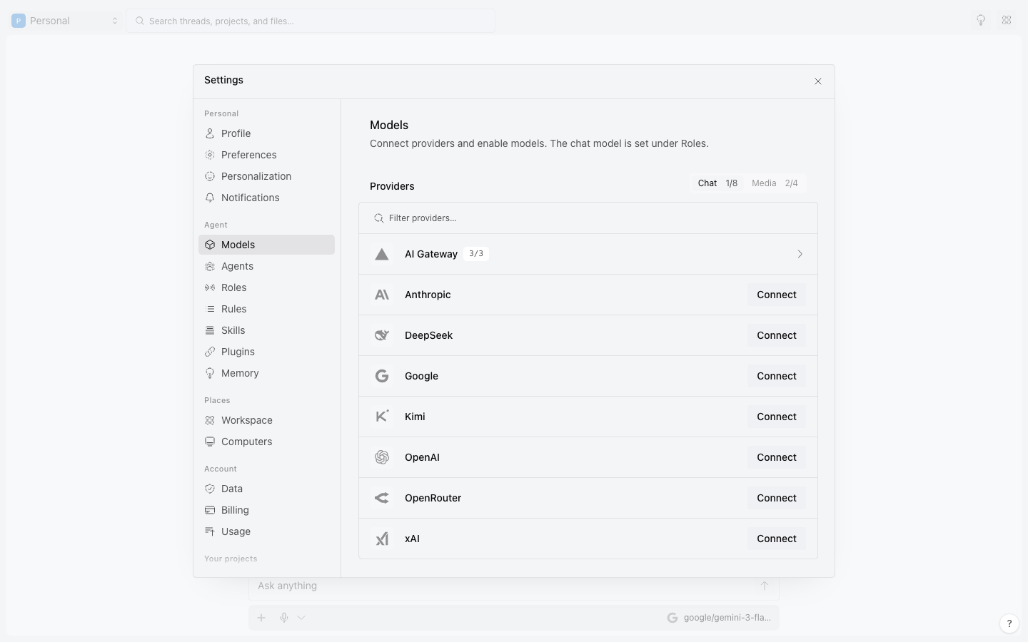 Settings, Models, with a provider connected and models enabled