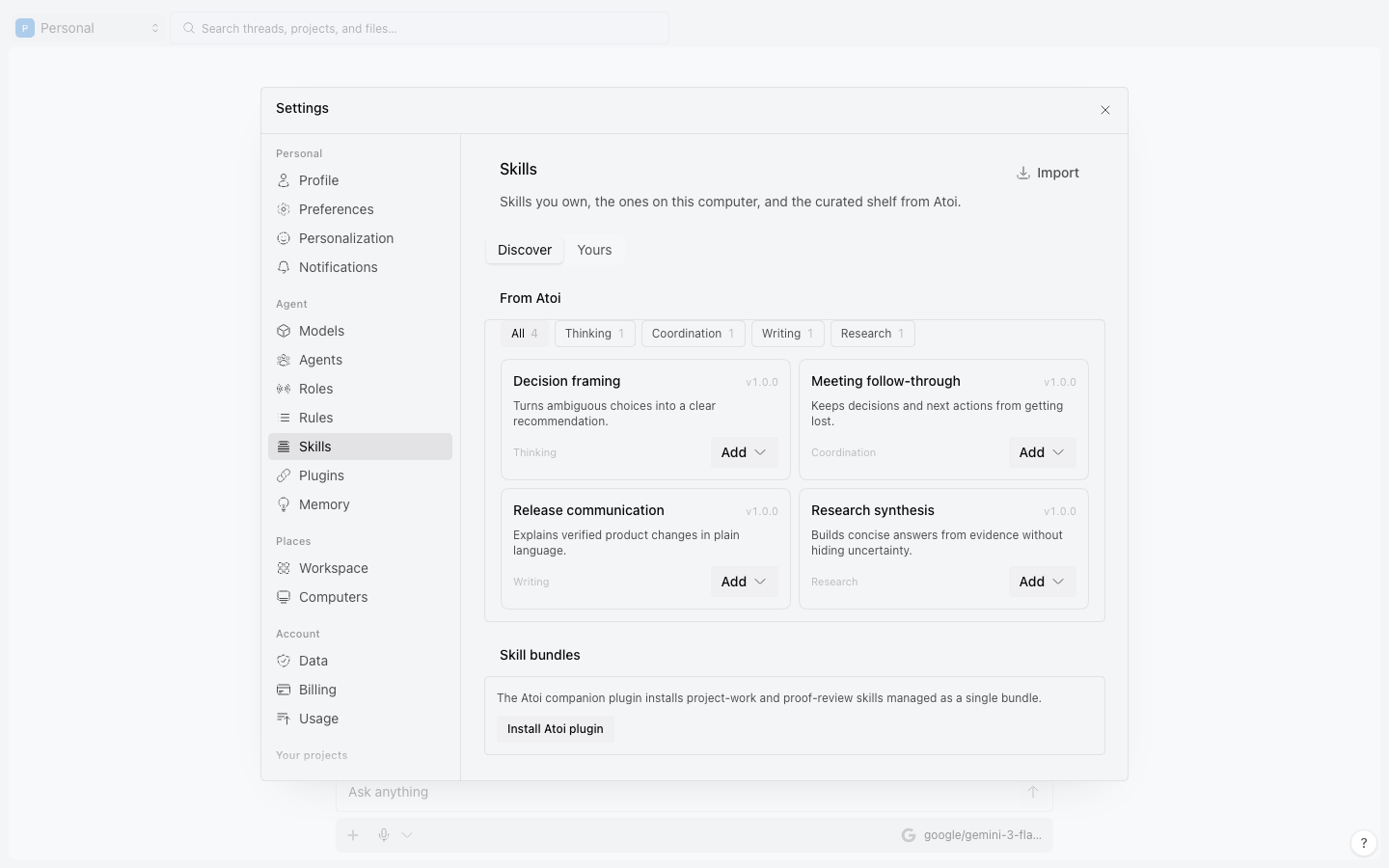 Settings, Skills, with the curated shelf
