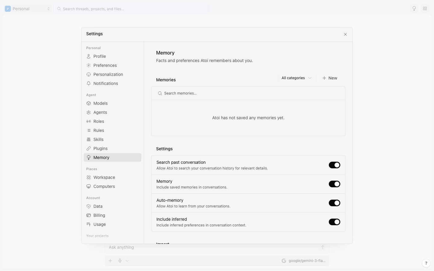 Settings, Memory, with the controls that decide what Atoi remembers