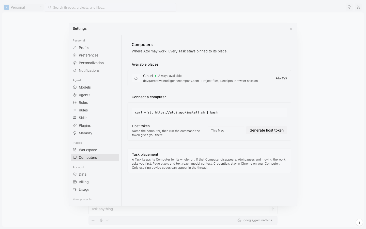 Settings, Computers, with Cloud as the available place